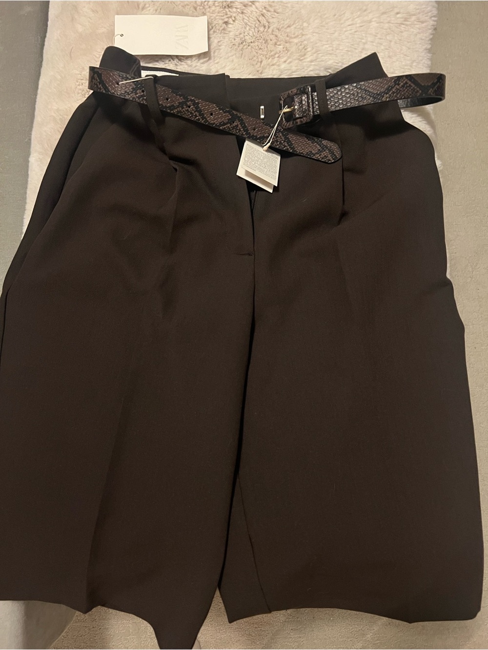 Zara Brown High-Waist Tailored Shorts with Snake-Print Belt